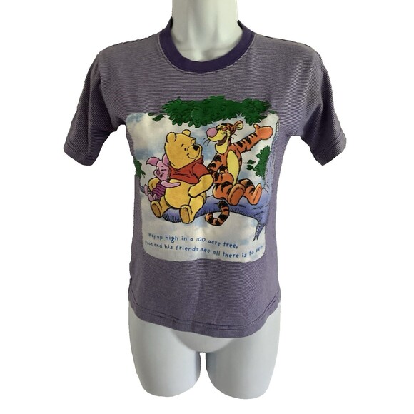 Vintage 90’s Disney Winnie the Pooh & Tiger Tee T Shirt Small Purple Striped - Picture 1 of 9